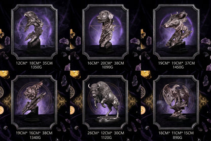 Six metallic animal head sculptures displayed in a 2x3 grid on a white background, each with its dimensions and weight listed below in centimeters and grams.