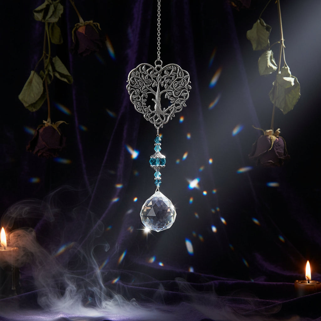 Silver filigree heart suncatcher with blue crystal beads and a clear teardrop crystal pendant, hanging against a soft green background with blurred white flowers and greenery.