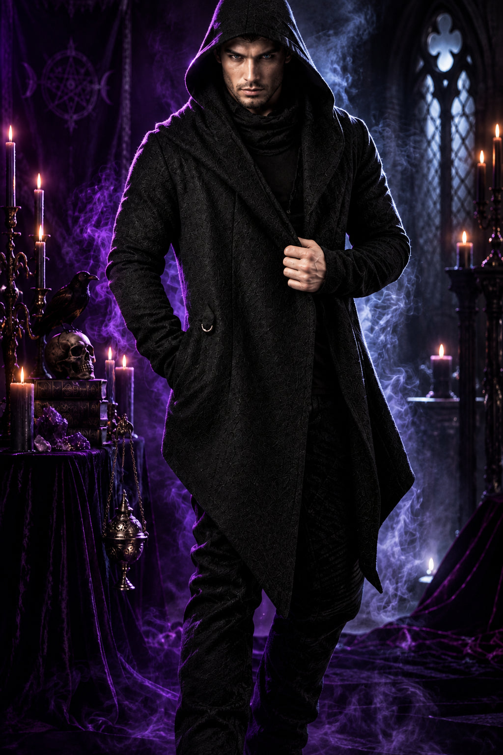 Grimwood Hooded Witch Cardigan, shown in use