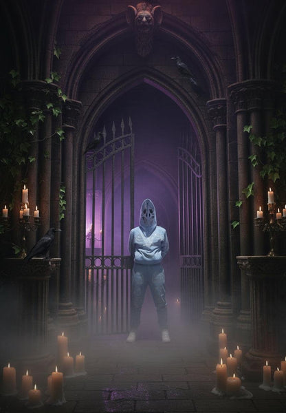 Person wearing a light blue hoodie with a skull design against a blue sky.