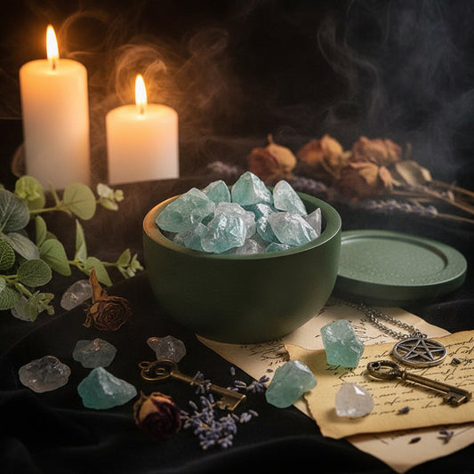 Green bowl filled with turquoise crystals on a magazine with plants and bottles in the background