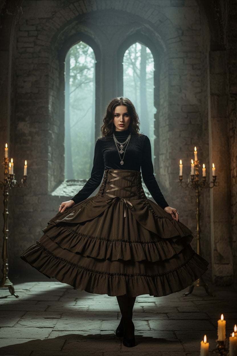 Gothic Black Lolita Steampunk High Waist Skirt with Ruffles Sorceress Sanctuary