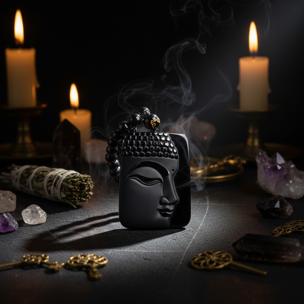 A black Buddha face pendant with a beaded necklace, displayed on a textured beige fabric against a dark background.