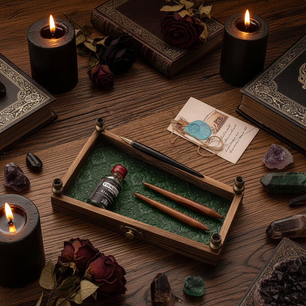 Pen and ink bottle on a textured wooden surface with a decorative card.