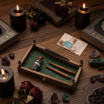 Pen and ink bottle on a textured wooden surface with a decorative card.