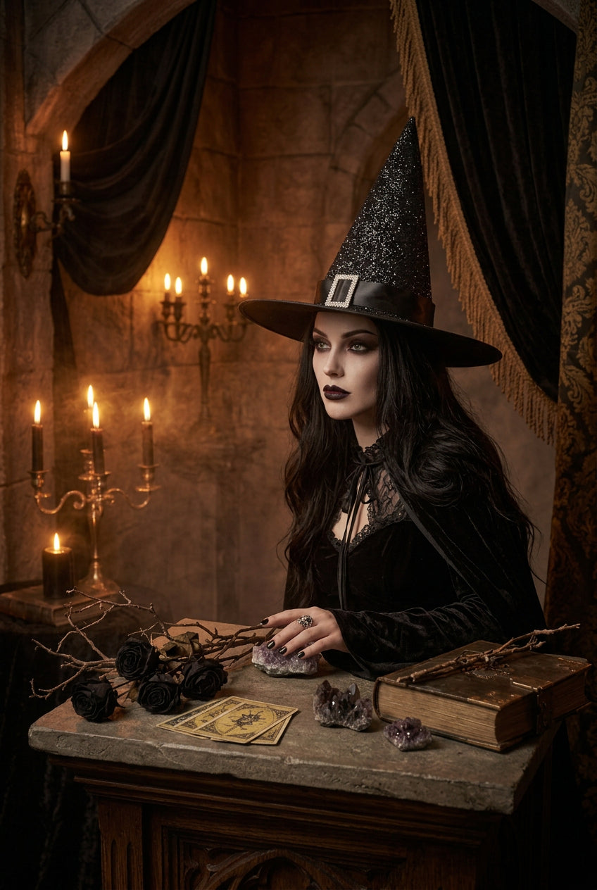 Black glittery witch hat with a belt on a light gray background