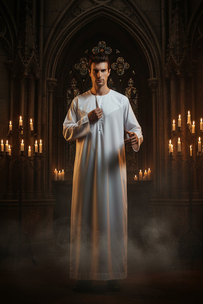 Man wearing a long white robe on a white background
