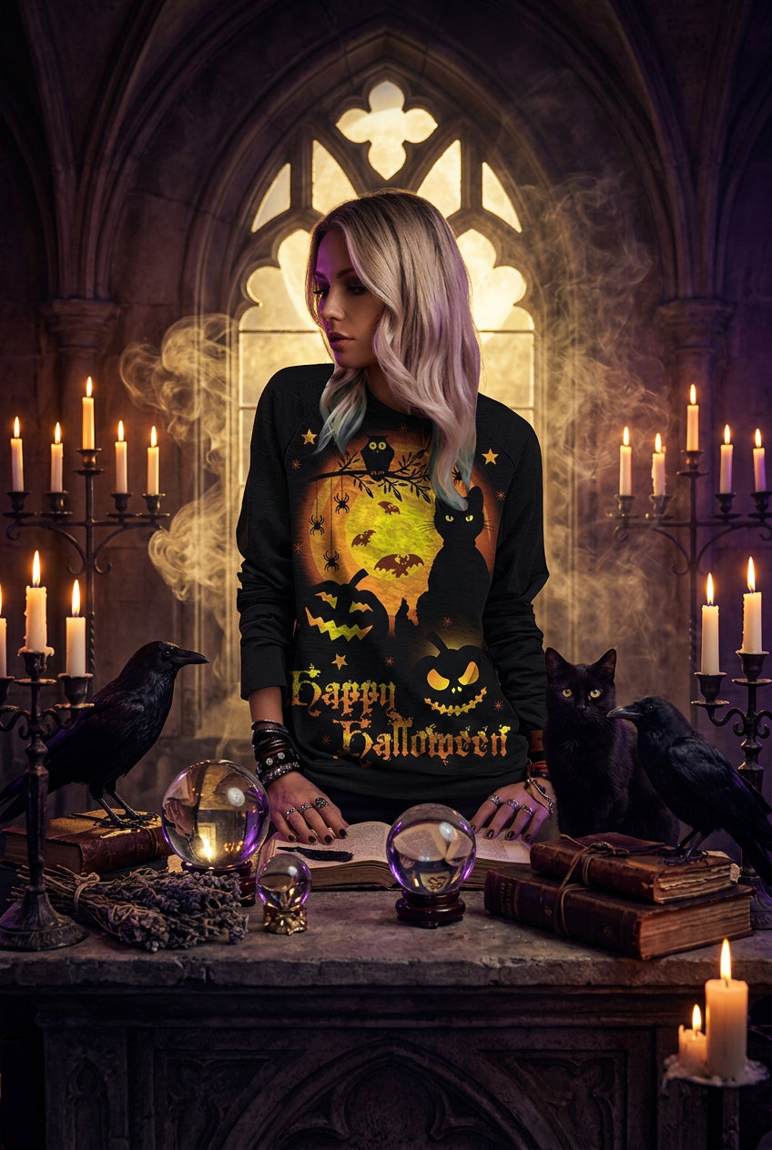 Halloween Print Long Sleeve Relaxed Sweatshirt Sorceress Sanctuary