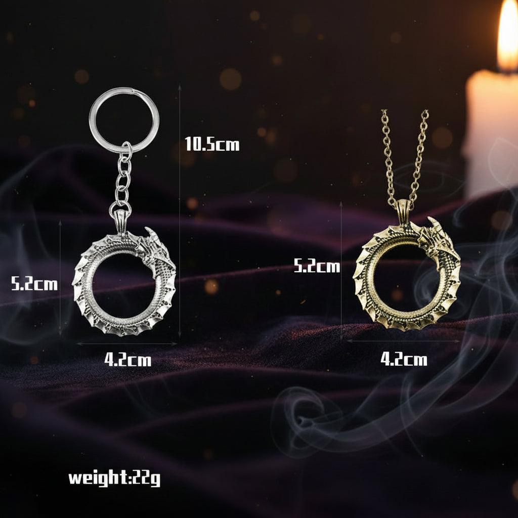 Measurements of a keychain and necklace with circular designs on a white background