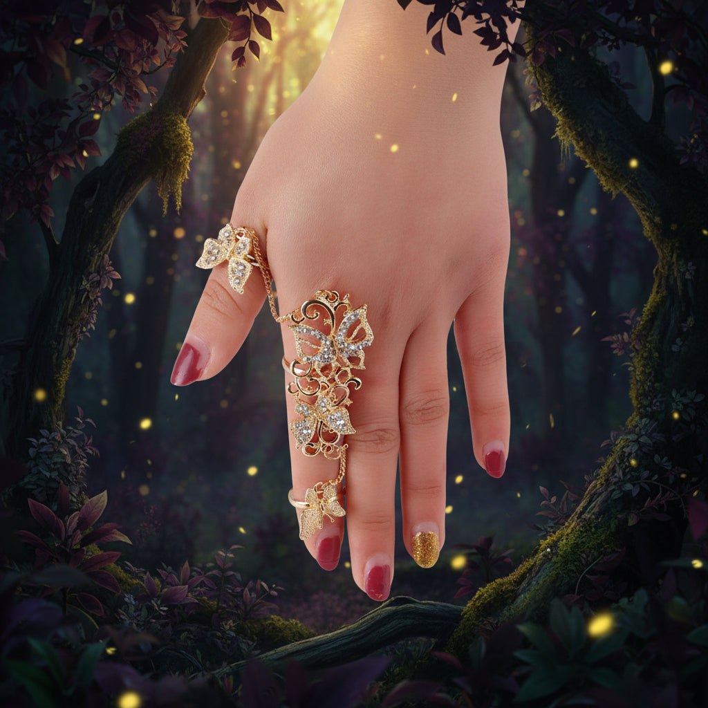 A gold-toned finger ring with butterfly and floral motifs, embellished with clear rhinestones, shown worn on a hand with red and gold manicured nails against a light gray background.