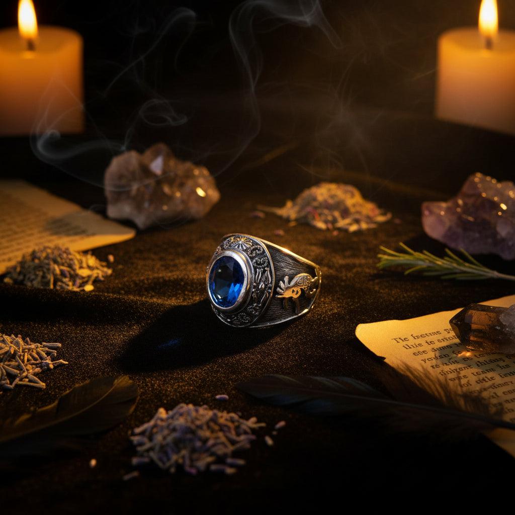 Silver ring with blue gemstone and fish design on a soft background