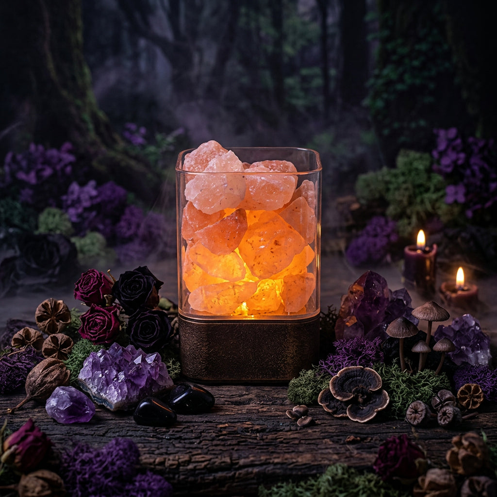 Decorative lamp with glowing rocks on a wooden surface with books in the background