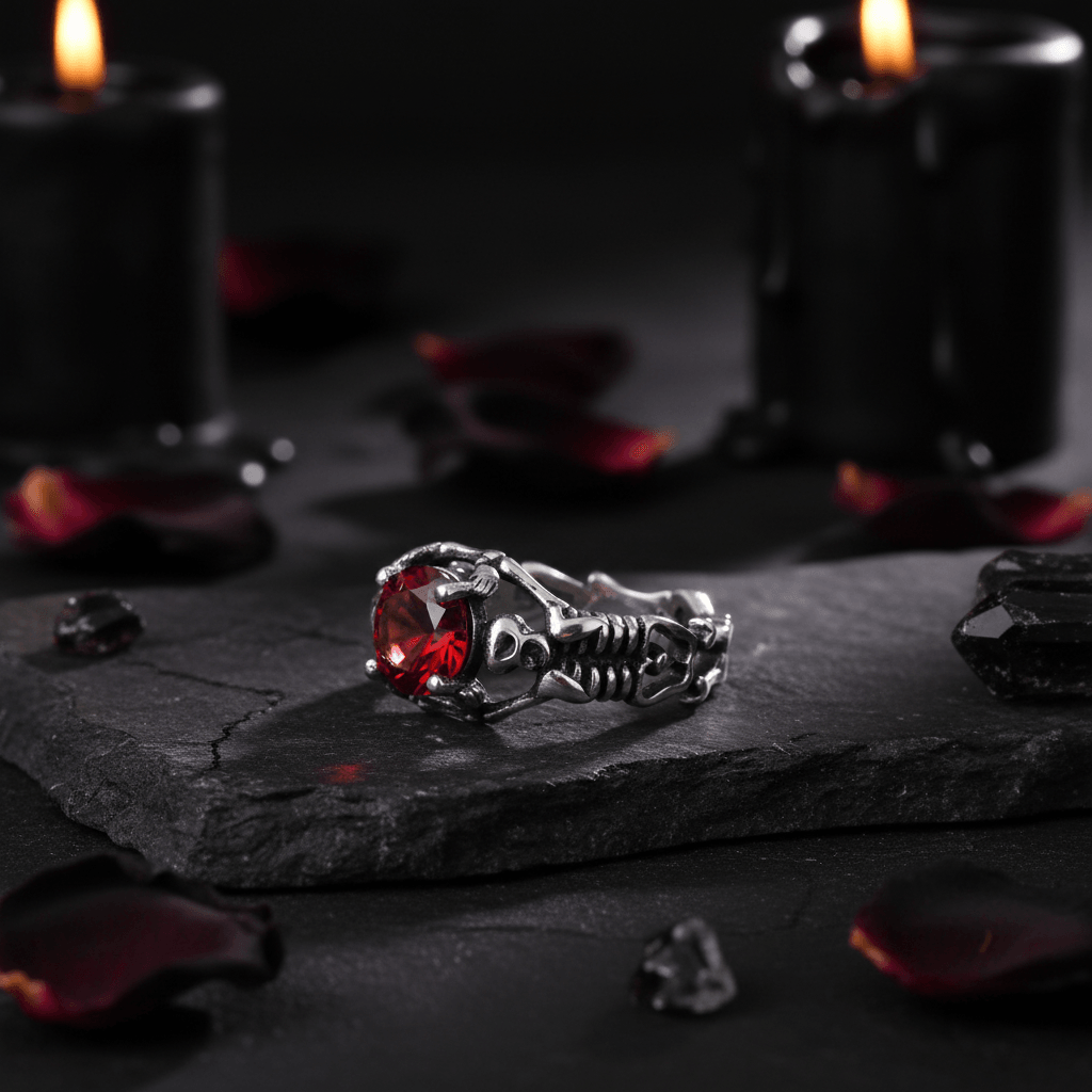 A silver-toned gothic ring featuring a detailed skeleton design and a red gemstone, displayed on a textured tan fabric background.