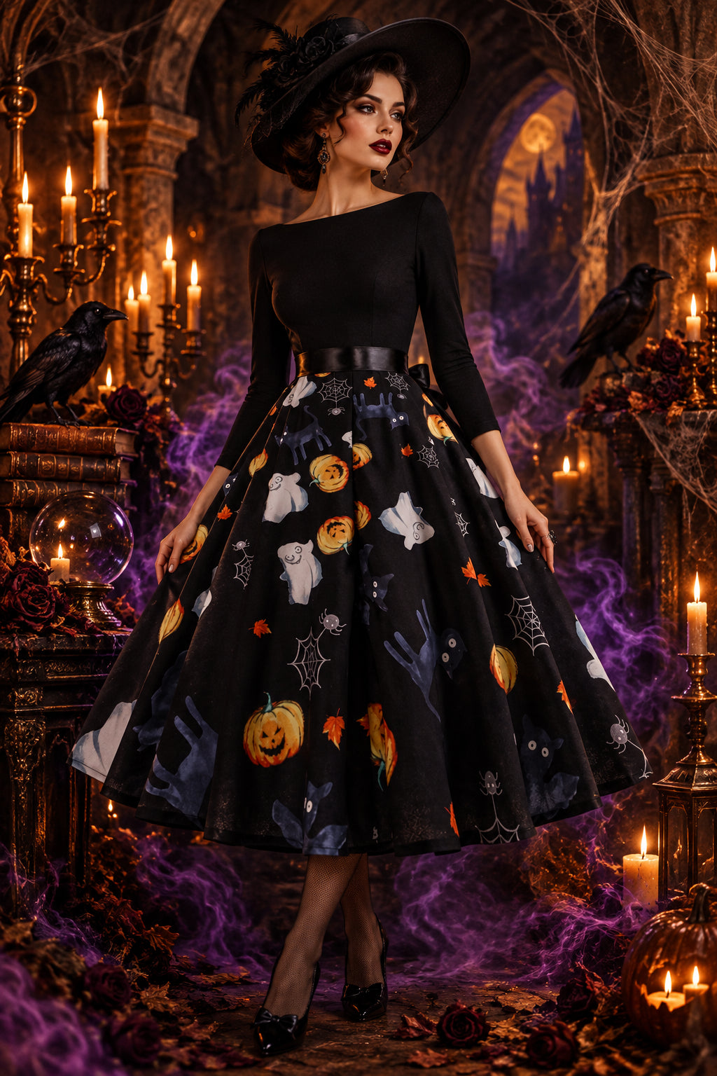 A long-sleeve black dress with a wide flared skirt featuring a Halloween print of pumpkins, ghosts, spiders, and cobwebs, shown on a white background.