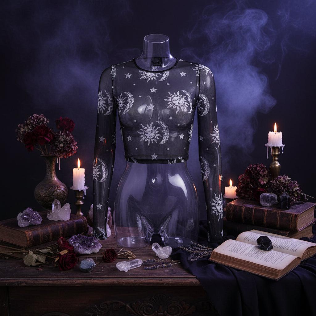 Sheer long-sleeve top with celestial pattern on a white background