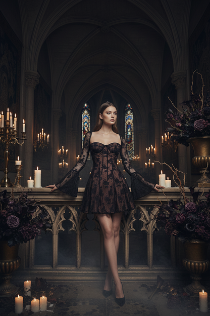 A woman stands in a dark, gothic cathedral-like interior wearing a short black floral corset dress with long sheer sleeves. Candles, floral arrangements, and stained-glass windows are visible in the background.