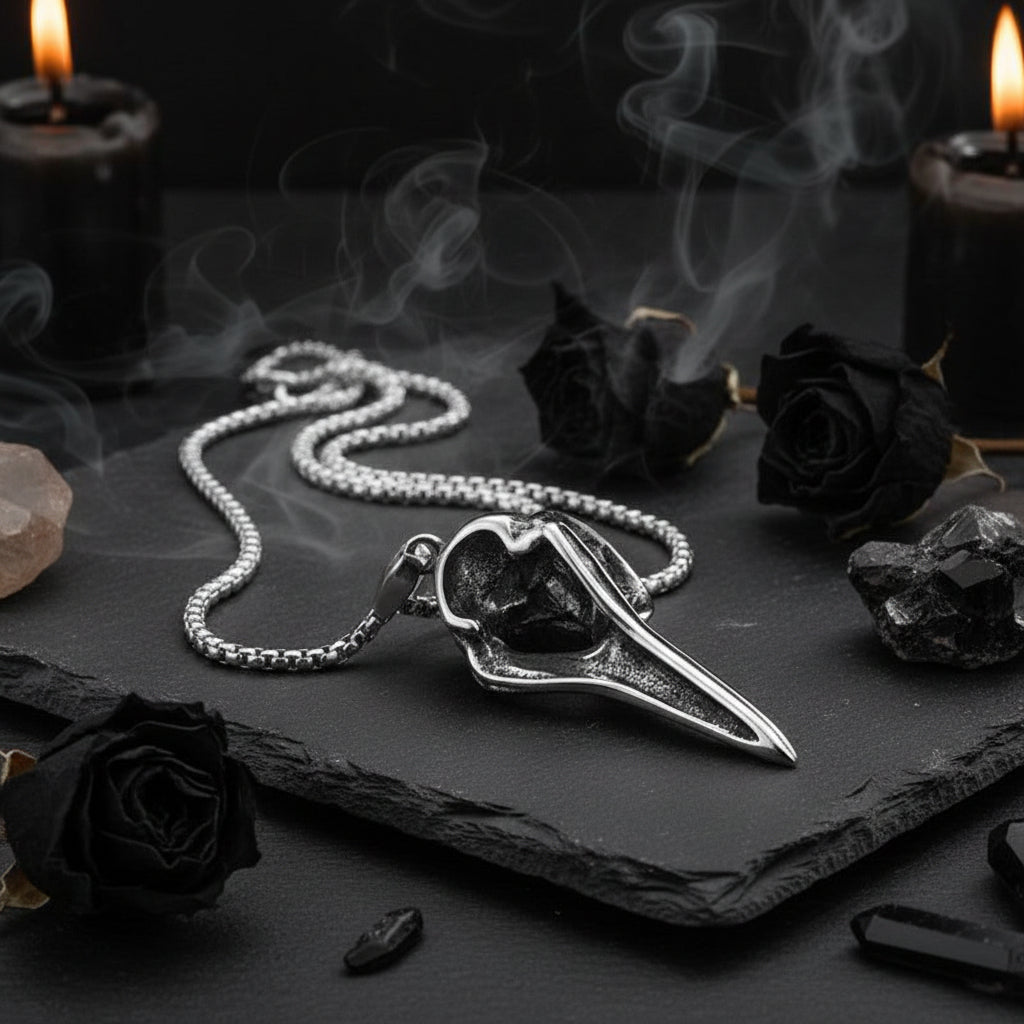 Bird skull pendant on a chain held in a hand against a white background