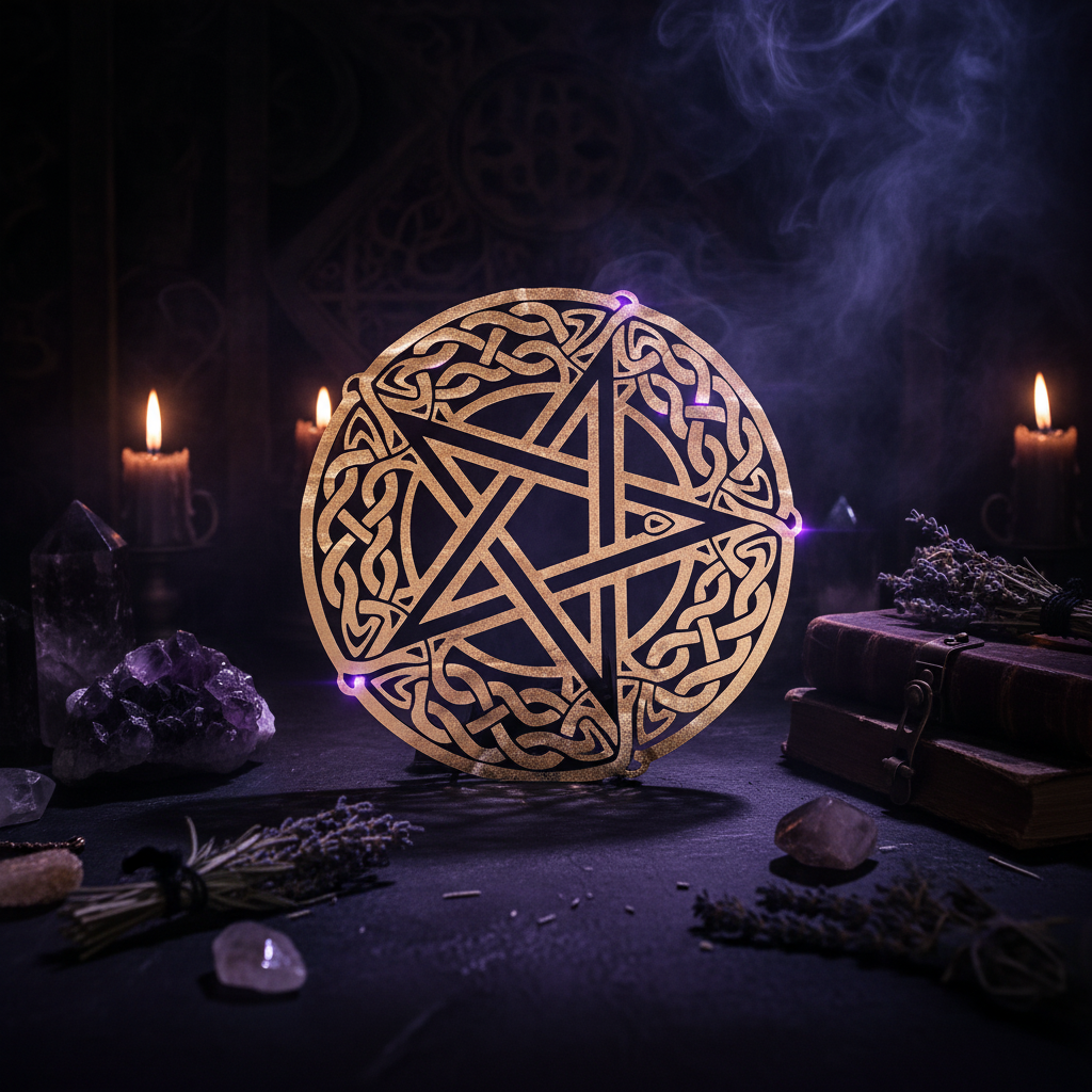 A circular wooden pentacle altar board with an intricate Celtic knot design and a central pentagram, lit with purple LED lights. The board is displayed on a dark table surrounded by mystical props including candles, crystals, dried lavender, and old books in a dark, atmospheric setting.