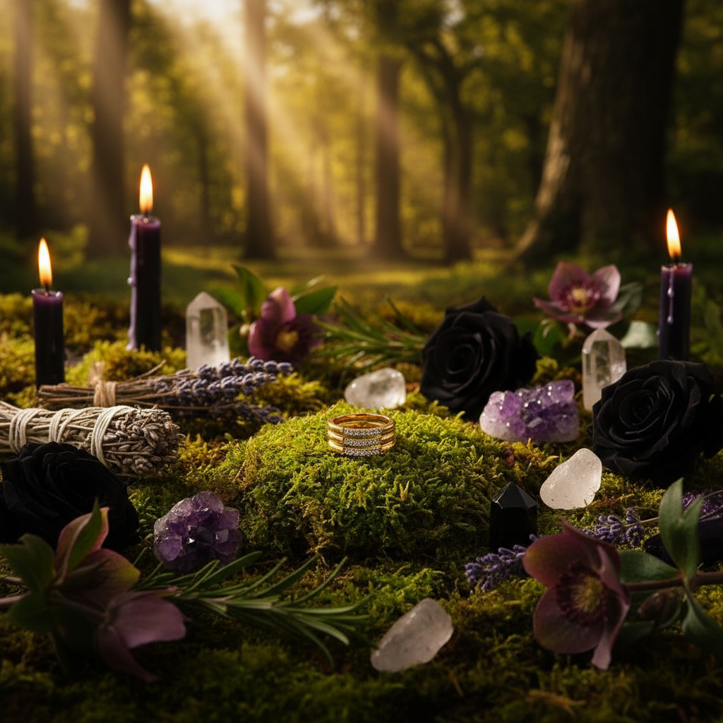 Two gold rings with intricate stone settings are displayed on a mossy altar surrounded by black roses, purple crystals, lavender, and lit candles in a mystical forest setting.