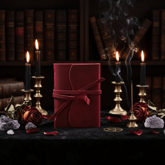 Red leather-bound notebook with a ribbon on a brown leather surface