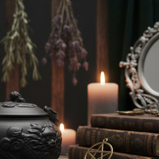 Black ceramic pot with dragon design on a white background