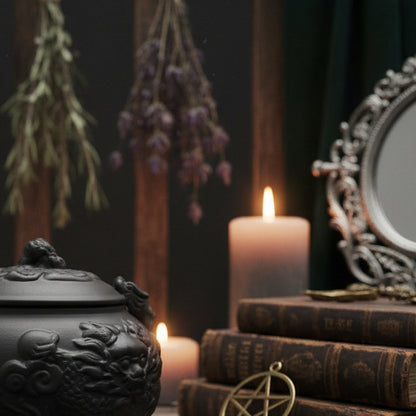 Black ceramic pot with dragon design on a white background