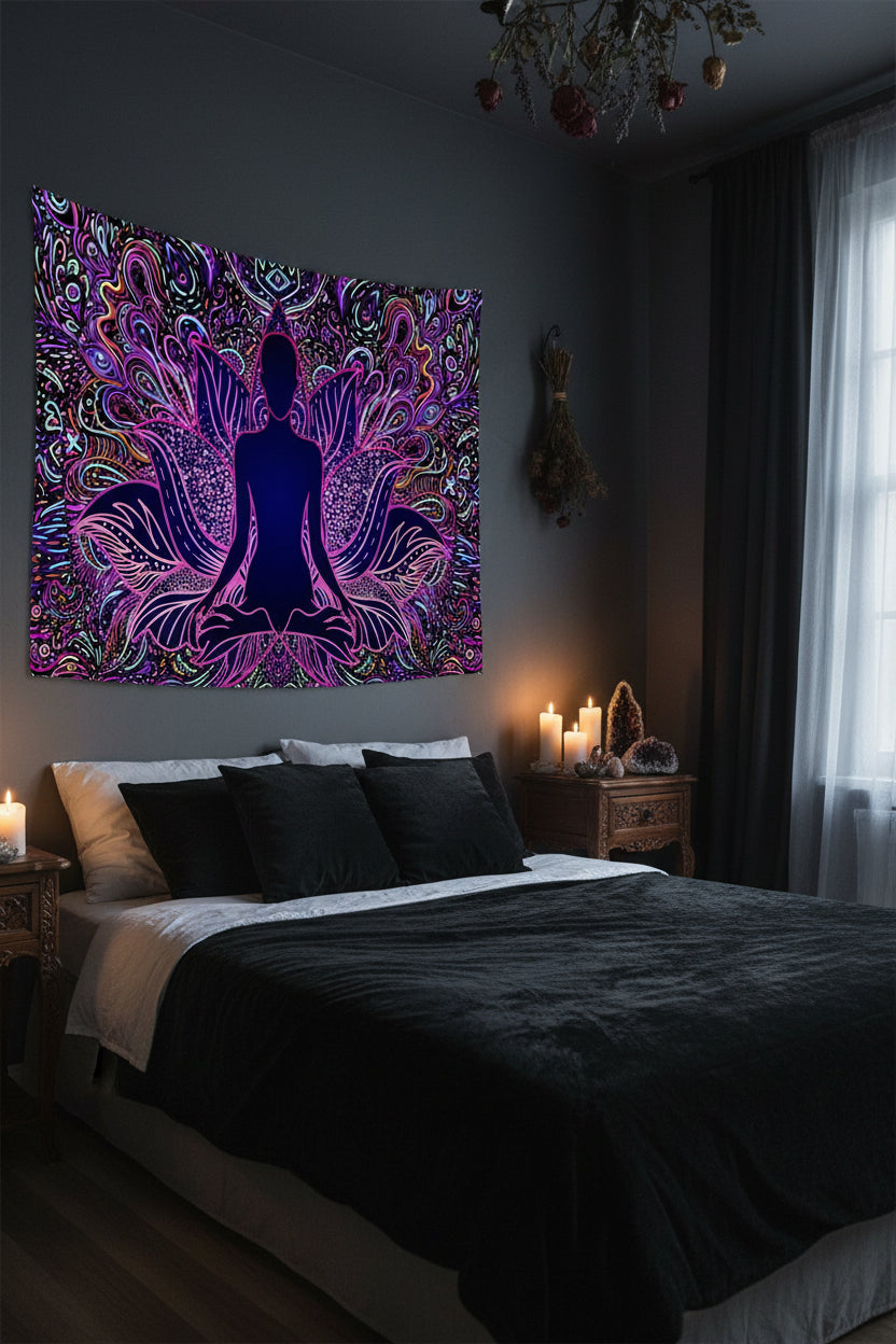 Colorful tapestry with a silhouette of a person meditating in a room with a white couch and decor.