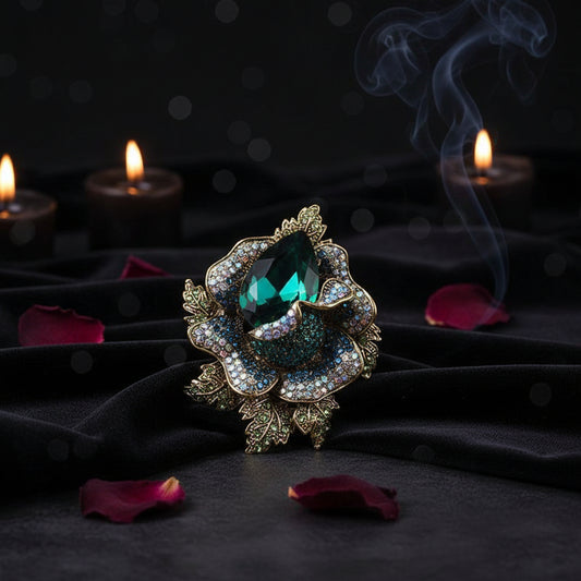 Decorative brooch with green gemstone on a white surface