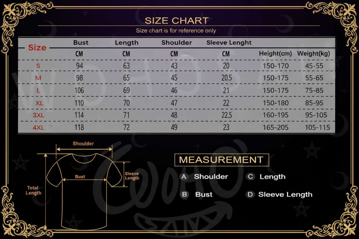 Size chart for clothing with measurements in centimeters and kilograms.