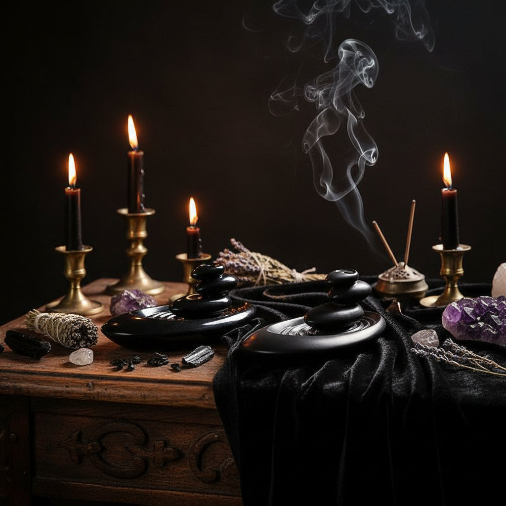 Two black stone-like objects on a wooden surface with a tiled wall background