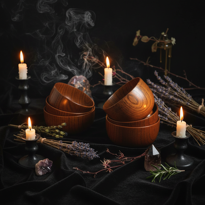 Three wooden bowls of varying sizes in a wire basket with a textured fabric background.