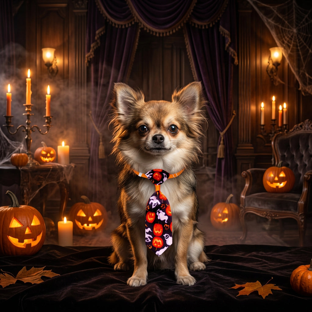 Halloween-themed bow tie with pumpkins and ghosts on an orange background