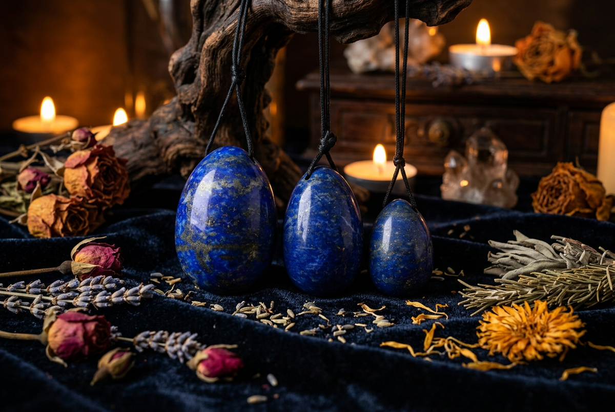 Three blue stone pendants hanging against a rustic background