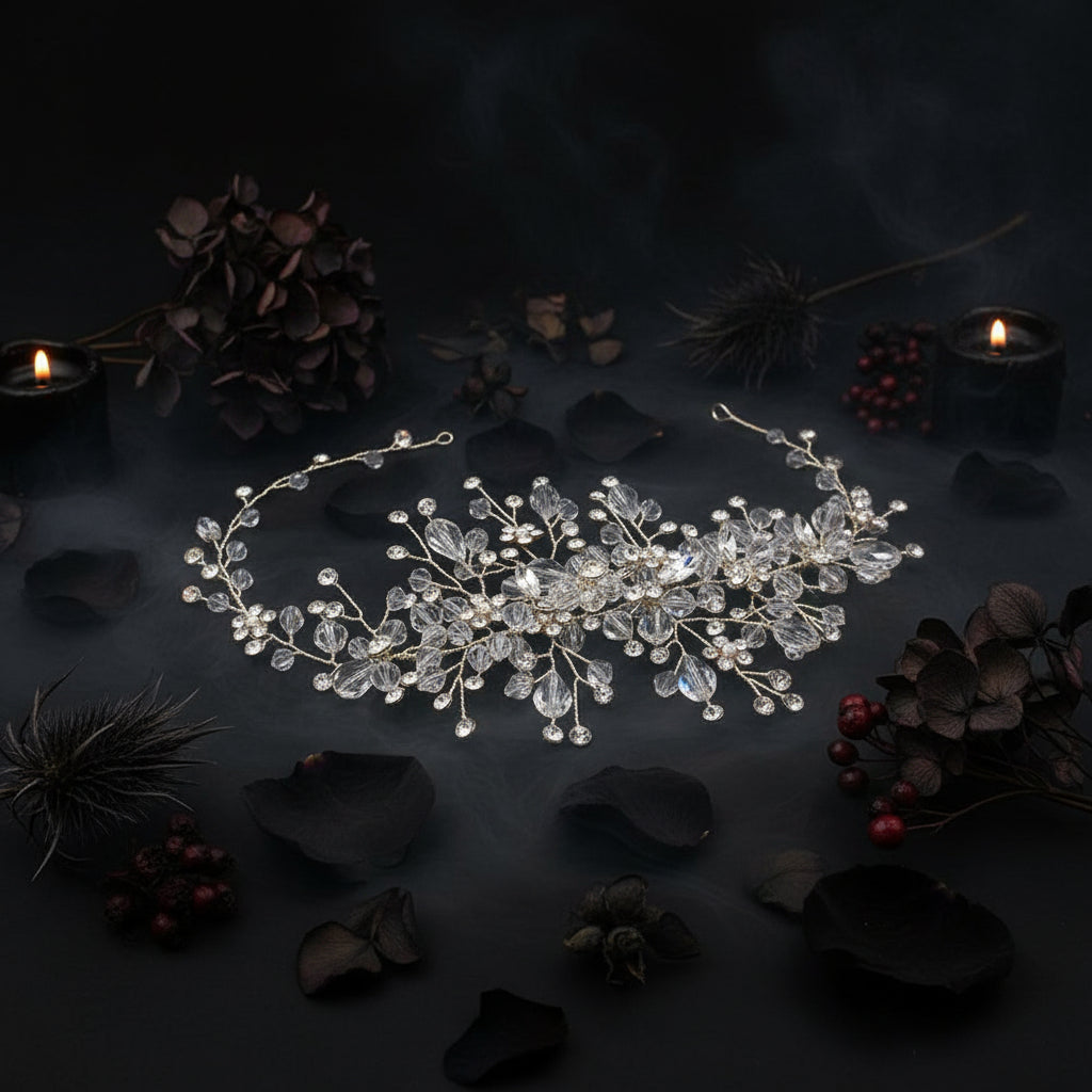 Delicate hair accessory with pearls and crystals on a white background