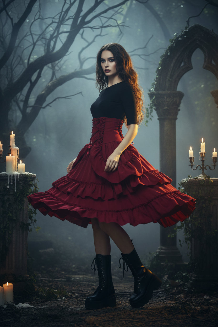 A deep red gothic-style tiered skirt with a high-waisted corset-style bodice featuring crisscrossed lace-up ribbons at the back and a bow at the front, set against a plain white background.