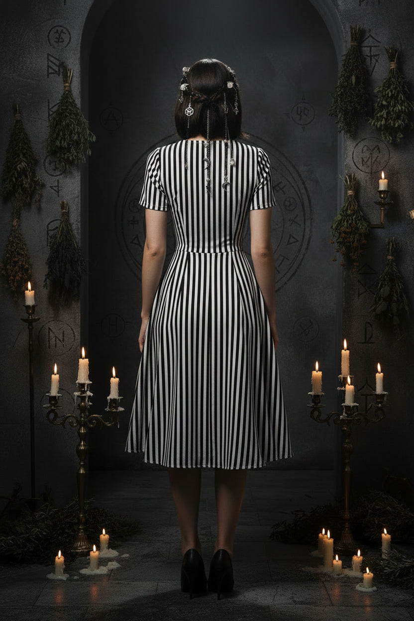 Black and white striped dress on a white background