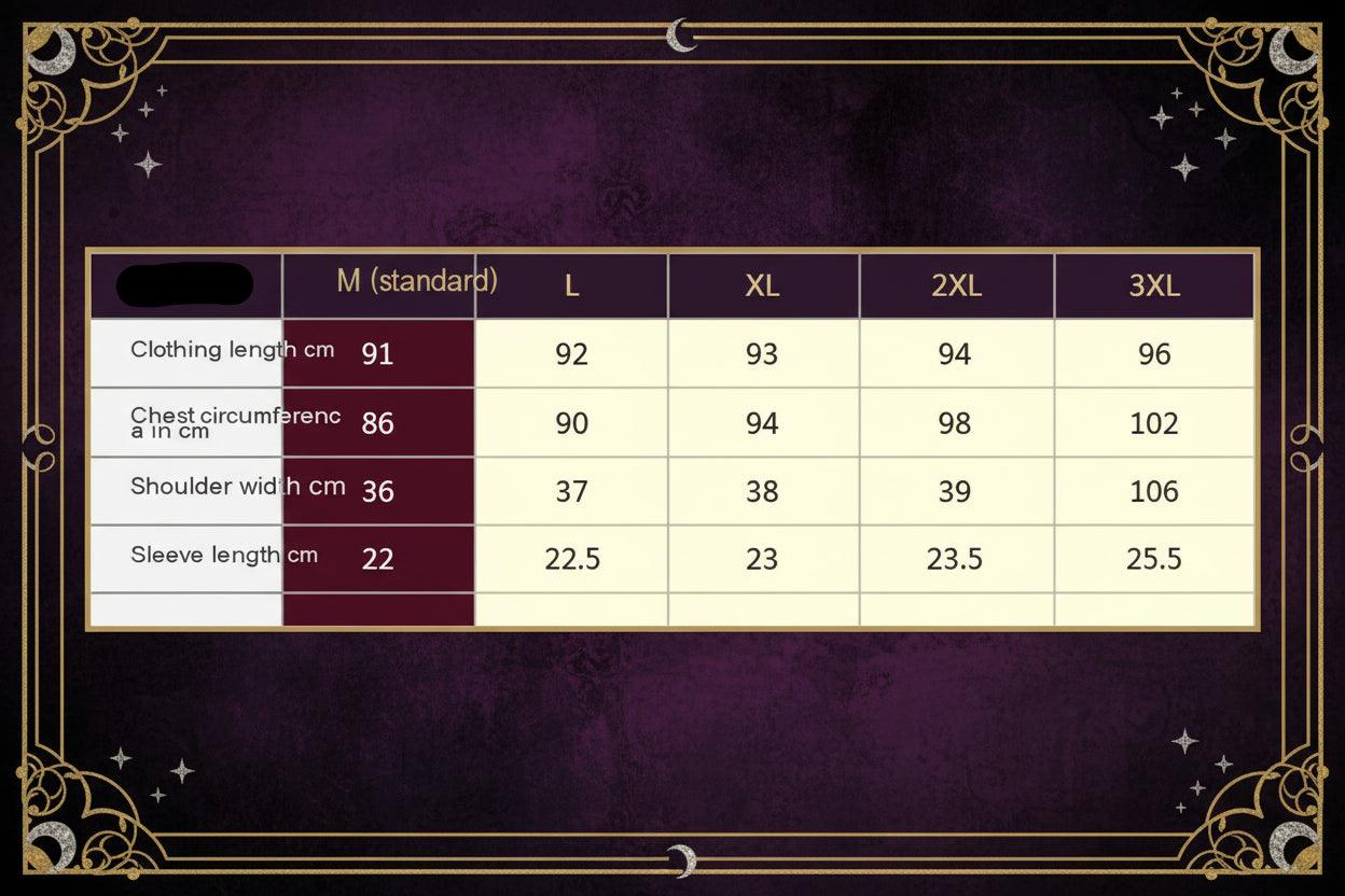 A size chart table showing measurements for clothing in sizes M (standard), L, XL, 2XL, 3XL, and 4XL. Columns include clothing length, chest circumference, shoulder width, and sleeve length in centimeters.