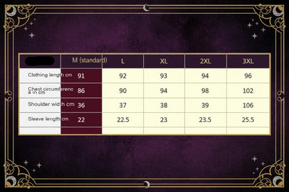 A size chart table showing measurements for clothing in sizes M (standard), L, XL, 2XL, 3XL, and 4XL. Columns include clothing length, chest circumference, shoulder width, and sleeve length in centimeters.