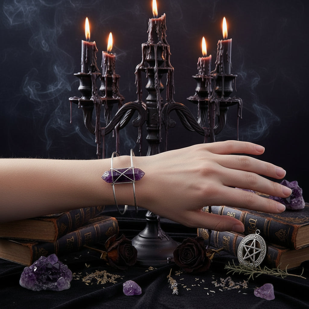 A silver-toned open cuff bangle bracelet featuring a faceted purple crystal wrapped in a wire cage, set against a clean white background with a soft reflection.