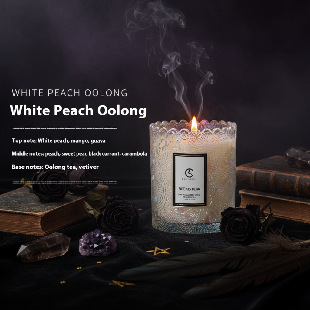 White Peach Oolong candle with decorative glass and brand label on a white background