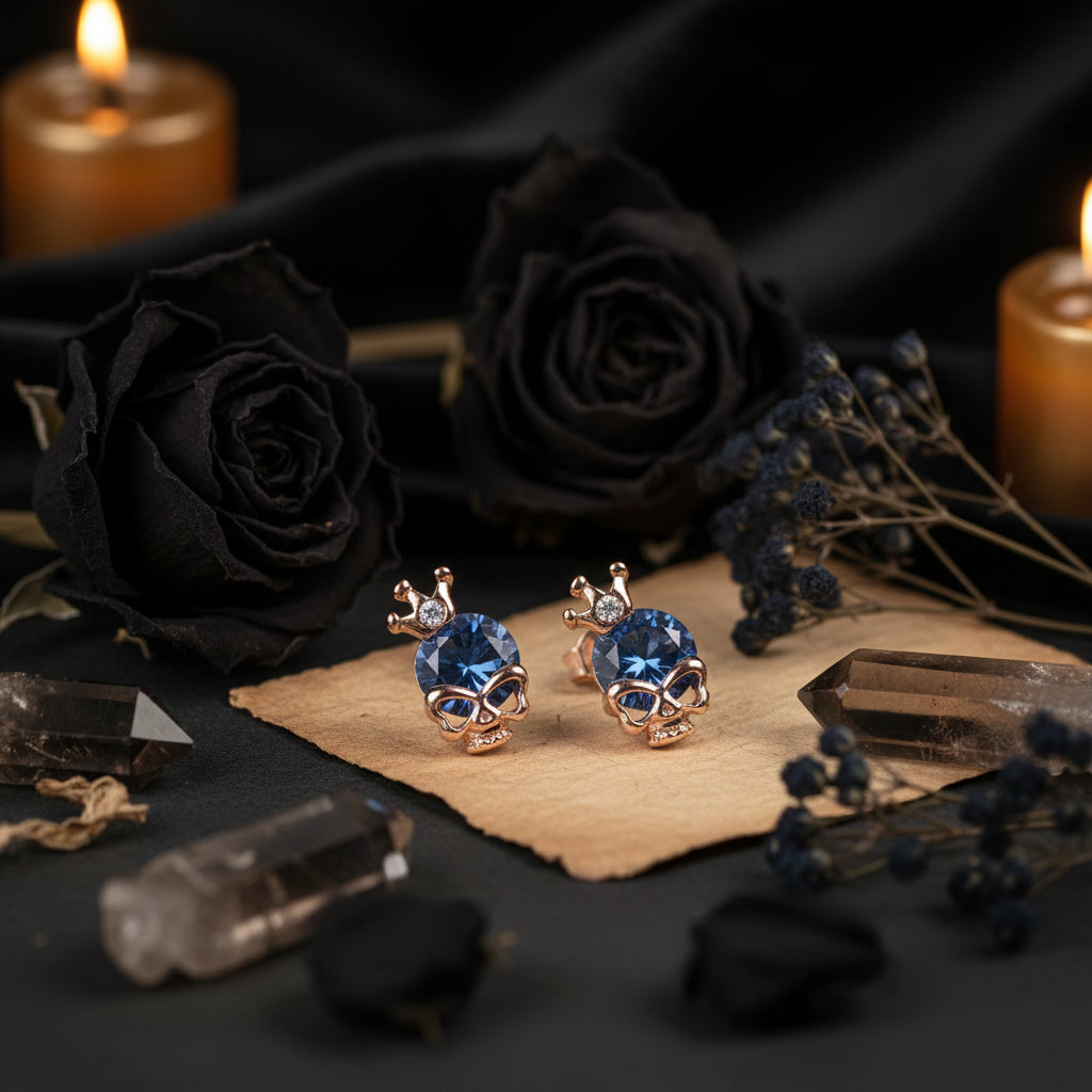 Pair of gold earrings with blue gemstones on a light gray background