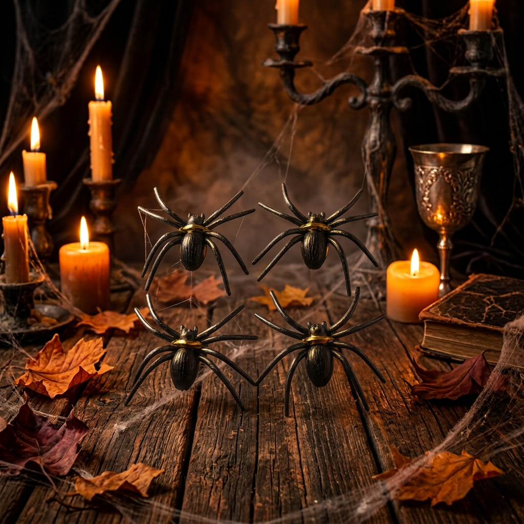 Pack of four plastic Halloween spider decorations on a printed backing card, photographed against a plain white background.