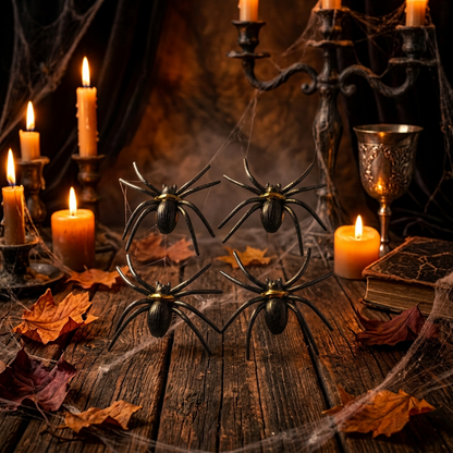 Pack of four plastic Halloween spider decorations on a printed backing card, photographed against a plain white background.