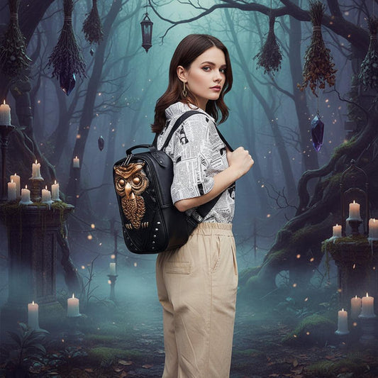 Person wearing a black backpack with an owl design on a staircase