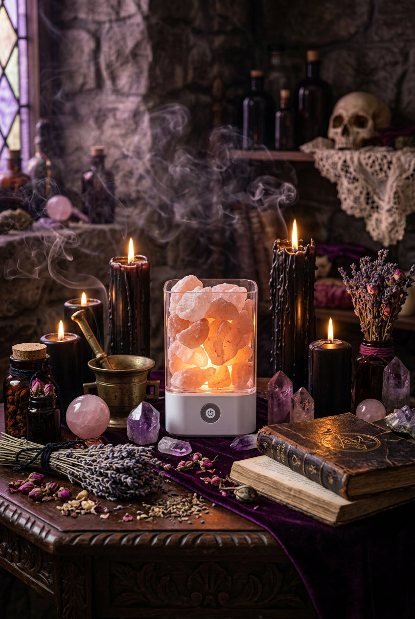 Himalayan salt lamp with pink crystals inside a clear glass container on a white background