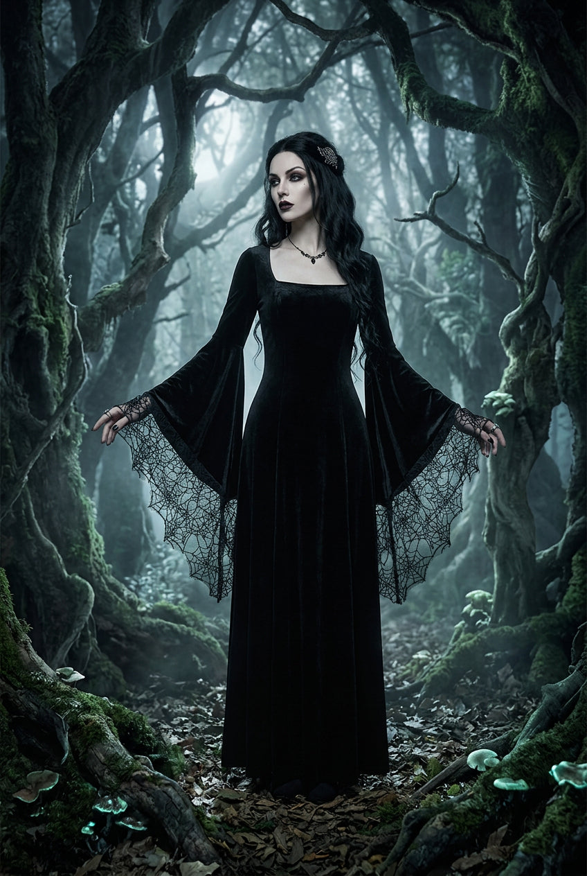 Long Sleeve Halloween Spider Web Stitch Dress Sorceress Sanctuary