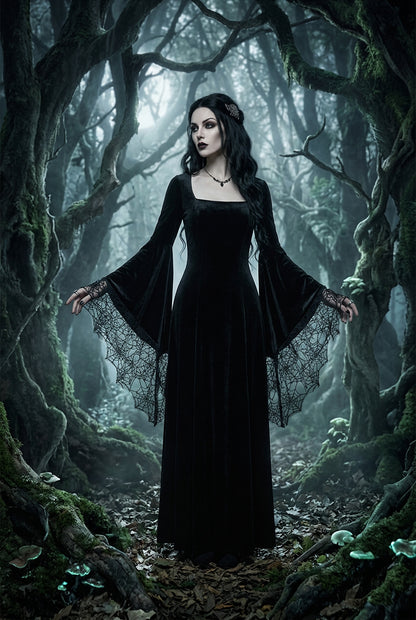 Long Sleeve Halloween Spider Web Stitch Dress Sorceress Sanctuary