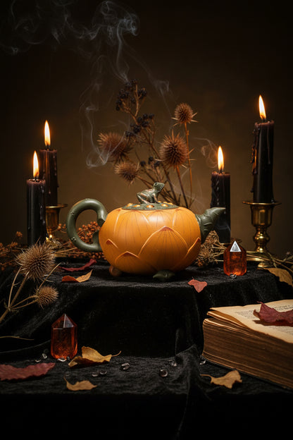 A decorative teapot shaped like a lotus flower in orange, with a dark green frog figure on top and a matching green handle and spout, photographed against a dark gradient studio background.