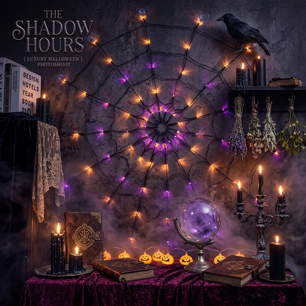 Spider web string lights with warm orange glowing bulbs arranged in a circular web pattern on a wall above a decorated surface with jack-o'-lanterns and a skull.