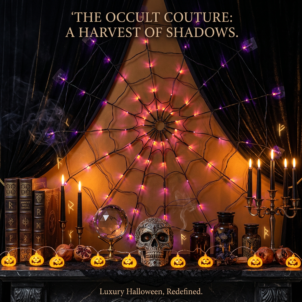 Spider web string lights with warm orange glowing bulbs arranged in a circular web pattern on a wall above a decorated surface with jack-o'-lanterns and a skull.